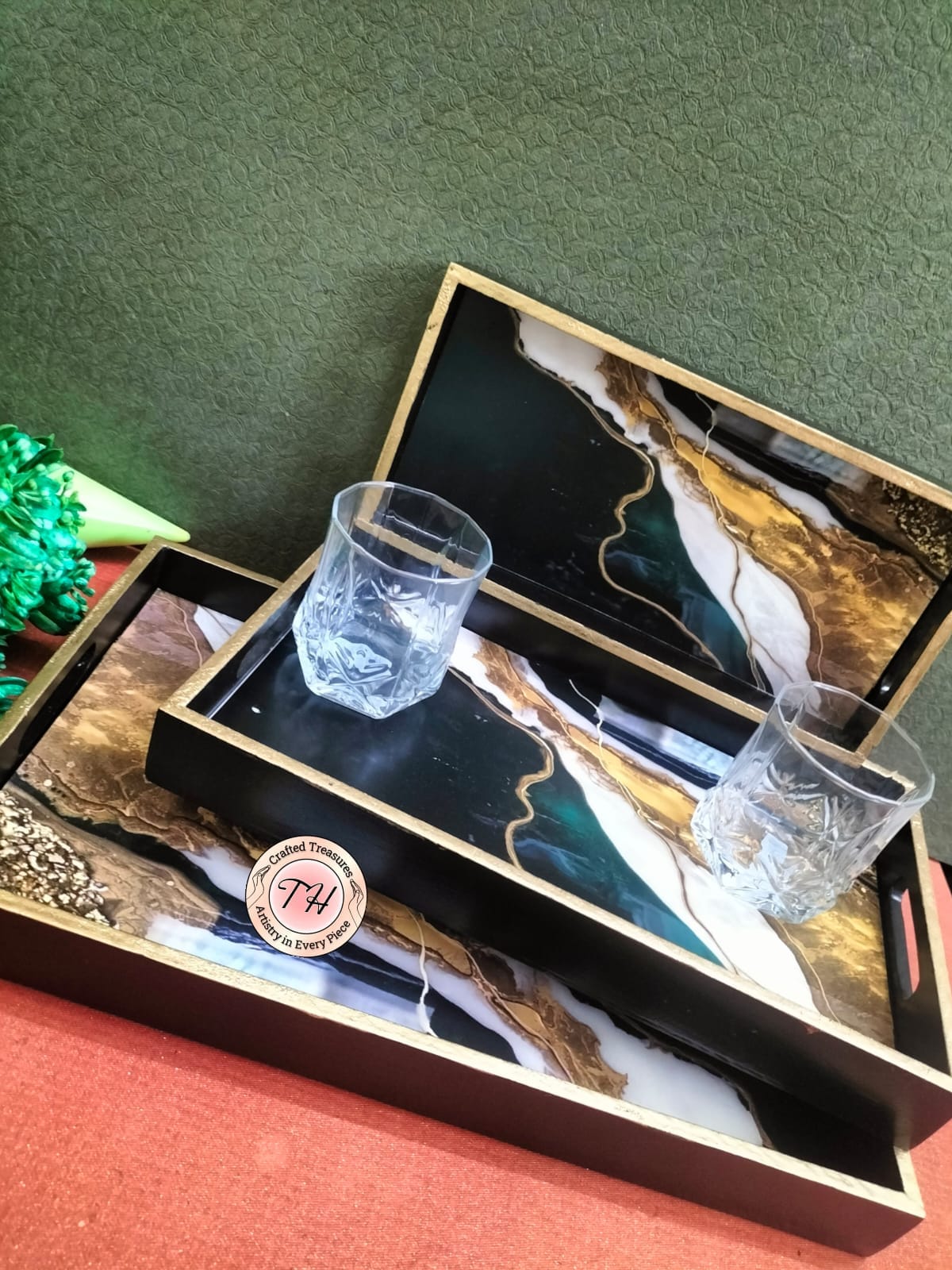 wooden with epoxy print  , set of 3 trays for home/ office/ gift item